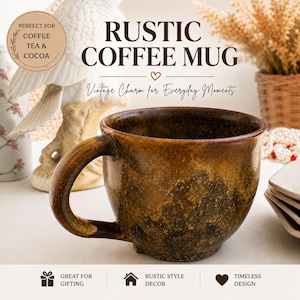 May include: A round, dark brown ceramic coffee mug with a mottled, textured finish and a curved handle. The text RUSTIC COFFEE MUG is displayed above, with additional text reading PERFECT FOR COFFEE TEA & COCOA and Vintage Charm for Everyday Moments.