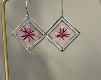 Pink and White Pressed Real Flower Resin Dangle Earrings: Silver Diamond Shape Bezel