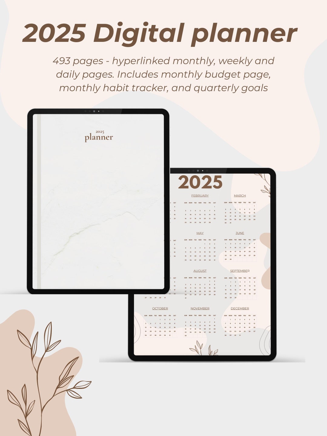 2025 Minimalist PDF Digital Planner Beige and Brown Color Palate, All ...