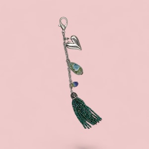 Silver Heart Bag Charm with Beautiful Beaded Tassel and Floral Beads Handmade and One of a Kind Goes With Silver Purse Hardware