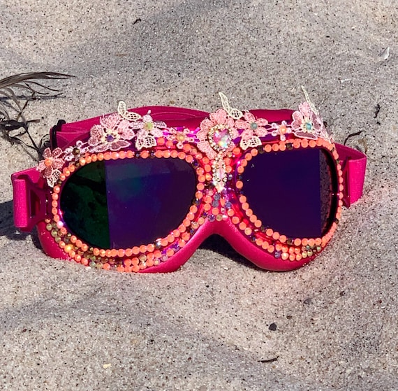 Pink lens black goggles rave festival burning man desert sunglasses glasses new Hot Pink Festival Goggles, Ravewear Burning Man Desert  main image 2