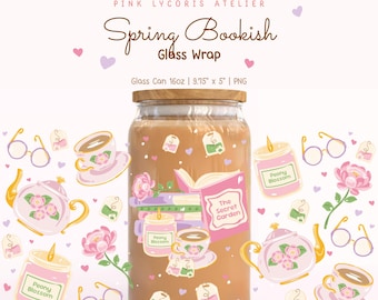 Envoltorio de vaso primaveral con temática de libros PNG, Envoltorio de vaso con temática de jardín literario, Diseño acogedor de lectura cottagecore, Estética floral de libro de té