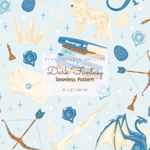 Dark Fantasy Seamless Pattern, Dragon and Crown Aesthetic, Medieval Royalcore Design, Political Intrigue Fantasy, Sword Digital Paper PNG
