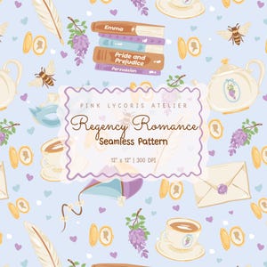 Puede incluir: Patrón sin costuras con fondo azul claro con ilustraciones de libros, tazas de té, abejas, monedas, plumas y glicinias. El patrón incluye el texto "Regency Romance" y títulos de libros como "Emma" y "Orgullo y Prejuicio".