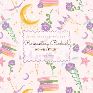 Romantasy Bookish Nahtloses Muster, Fantasy-Romantikbücher Ästhetik, Booktok Romantasy Design, gemütlicher Fantasy Reader Hintergrund, Buchliebhaber