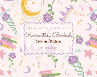 Romantasy Bookish Seamless Pattern, Fantasy Romance Books Aesthetic, Booktok Romantasy Design, Cozy Fantasy Reader Background, Book Lover