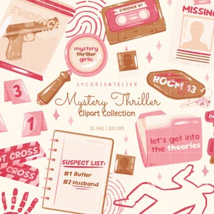 Imágenes prediseñadas PNG de misterio, suspenso y estilo literario, estética rosa de crímenes reales, elementos de lector de misterio, conjunto de imágenes prediseñadas de detectives y amantes de los libros, estilo literario de crímenes