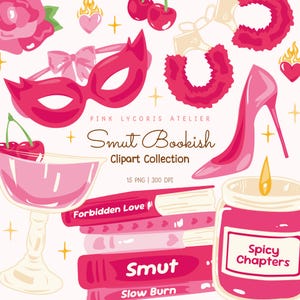 Può includere: Una collezione di clipart digitali rosa con un tacco alto, una maschera, manette, libri con titoli come "Smut" e "Forbidden Love", una candela e ciliegie. È incluso anche il testo "Smut Bookish Clipart Collection".