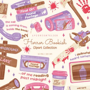 Puede incluir: Una ilustración digital con imágenes prediseñadas de terror que incluyen libros titulados Haunted House, Final Girl y Found Footage, una videocámara, un hacha, una motosierra, una cinta VHS, una taza de café y letreros con texto.