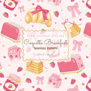 Puede incluir: Un patrón sin costuras con ilustraciones temáticas de desayuno. Tostadora rosa, cruasán con lazo rosa, cartón de leche, tarro de mermelada, pastel, fresas y lazos dispersos sobre un fondo rosa claro. El texto dice "Coquette Breakfast Seamless Pattern".