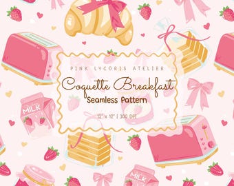 Coquette Breakfast Seamless Pattern, Pink Strawberry Milk Croissant Toast Jam, Cute Kawaii Breakfast Aesthetic, Food Background PNG