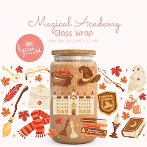 Zauberakademie-Glasfolie (PNG), Herbstliches Zauberschul-Design, Verzauberte Buchbecherfolie, Herbstliche Zauberkunst, Ästhetik für hexenhafte Leseratten