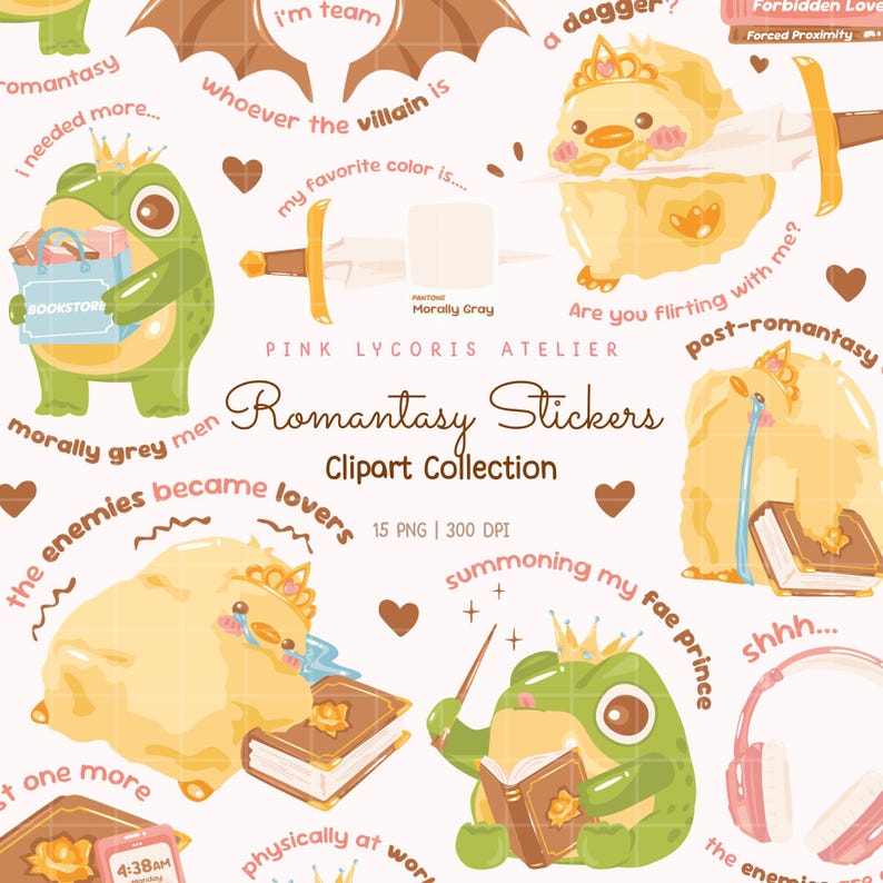 Romantasy Bookish Sticker PNG Bundle, Funny Fantasy Reader Quotes, Delulu Reader Meme Stickers, Booktok Romantasy Clipart, Cozy PNG