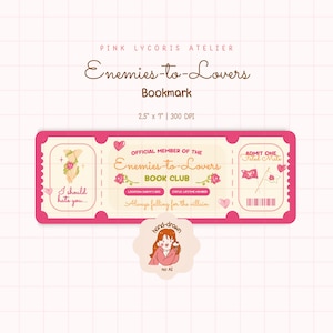 Könnte beinhalten: Ein pinkfarbenes Lesezeichen mit dem Text "Enemies-to-Lovers" und "Bookmark". Das Lesezeichen ist 6,35 cm x 17,78 cm groß und hat ein Ticket-Design mit Illustrationen und Text, darunter "I should hate you..." und "Always falling for the villain".