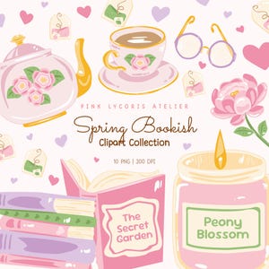 Puede incluir: Ilustración digital con tetera rosa, taza de té y libros. Se muestra el texto "Spring Bookish Clipart Collection". Otros elementos incluyen una vela, gafas y corazones. La portada del libro dice "The Secret Garden".