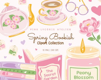 May include: A digital illustration featuring a pink teapot, teacup, and books. The text "Spring Bookish Clipart Collection" is displayed. Other elements include a candle, glasses, and hearts. The book cover reads "The Secret Garden."