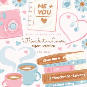 May include: A digital clipart collection with a romantic theme. The image features a pink camera, a notebook with "ME + YOU" text, books, coffee cups, hearts, and daisies. The collection is titled "Friends-to-Lovers".