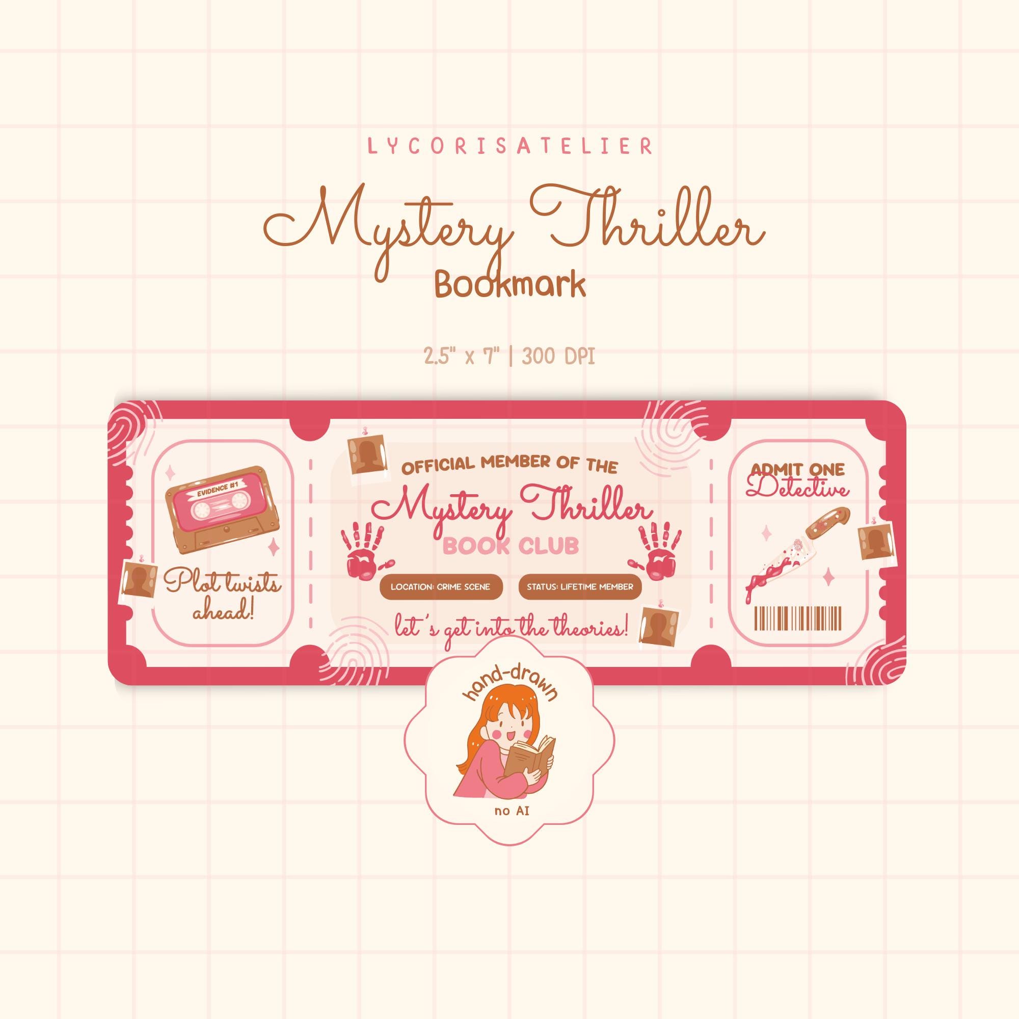 Mystery Thriller Book Club Ticket Bookmark, Pink Mystery Bookish Reader Aesthetic, True Crime Book Lover Bookmark, Detective Printable PNG