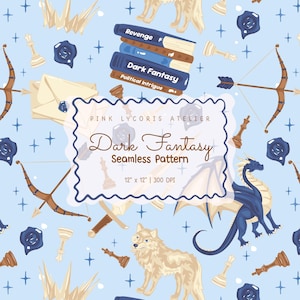 May include: A seamless pattern with a light blue background featuring fantasy elements. The design includes books, bows and arrows, chess pieces, a dragon, a wolf, and the text "Dark Fantasy Seamless Pattern" in a decorative frame. The pattern is 12" x 12".