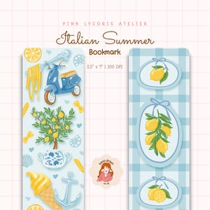 Marcapáginas de verano italiano, estética chinoiserie de limones, marcapáginas de lectura estilo cottagecore mediterráneo, PNG imprimible para amantes de los libros de vacaciones europeas