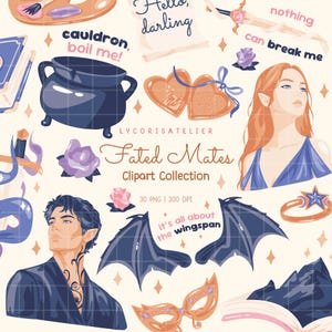 Może przedstawiać: Cyfrowa kolekcja clipartów z ilustracjami fantasy, w tym ciemny kociołek, medalion w kształcie serca, dwie postacie elfów, skrzydła nietoperza, maska, miecz i róże. Tekst zawiera "cauldron, boil me!", "nothing can break me" oraz "it's all about the wingspan".