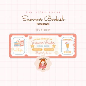 May include: A pink and white bookmark with the text "Summer Bookish" and "Bookmark." The design includes illustrations of books, seashells, and a tropical drink. The bookmark measures 6.35 cm x 17.78 cm. The text "Summer Reader Book Club" is also present.
