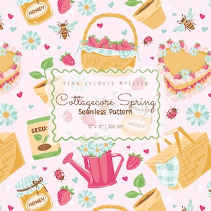 Puede incluir: Patrón sin costuras con fondo rosa con fresas, tarros de miel, abejas, mariquitas, margaritas y una regadera. El texto "Cottagecore Spring Seamless Pattern" se muestra en el centro. El patrón mide 30,48 cm x 30,48 cm a 300 DPI.