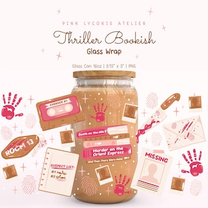 Thriller Bookish Glass Wrap PNG, Różowe estetyczne opakowanie na kubek z motywem prawdziwej zbrodni, Wzór szklanki z motywem książki detektywistycznej, Prezent z książki detektywistycznej, Opakowanie Libbey 16 uncji