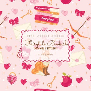 Puede incluir: Patrón sin costuras rosa con corazones, lazos, llaves, flechas, libros y un zorro. Los libros tienen los títulos "Magical Bargain", "Fairytale" y "Fated Love". También está presente el texto "Fairytale Bookish Seamless Pattern".
