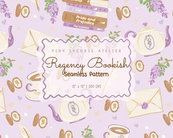 Regency Bookish Seamless Pattern, Jane Austen Romance Aesthetic, Vintage Book Lover Digital Paper, Classic Literature Background