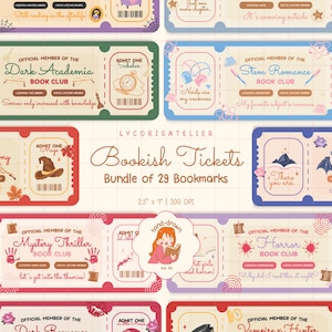 Könnte beinhalten: Eine Sammlung rechteckiger Lesezeichen im Design von Vintage-Tickets mit verschiedenen Themen wie Dark Academia, Stem Romance, Mystery Thriller und Horror. Jedes Ticket enthält Text, Illustrationen und einen Barcode und misst 6,35 cm mal 17,78 cm.