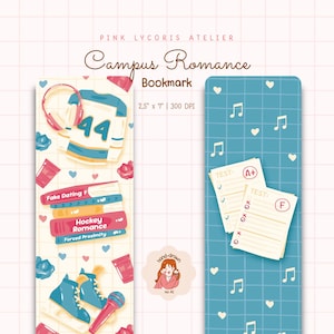 May include: A pair of illustrated bookmarks with a campus romance theme. One bookmark features a hockey jersey, books, and ice skates. The other has musical notes and test papers. The text reads "Campus Romance" and "Bookmark".