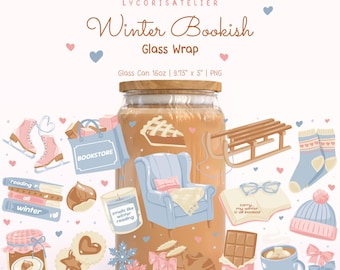 Winterse boekenwrap voor glazen blik, Kerstwrap met boekenthema, Gezellige bekerwrap voor boekenliefhebbers, Kerstcadeau met boekenthema, Winterse leeswrap