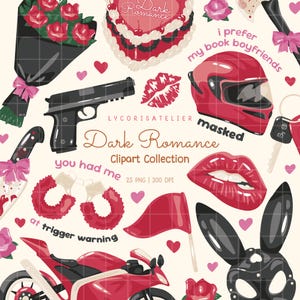 Può includere: Una collezione di clipart digitali con un bouquet di rose rosse, una torta a forma di cuore, una pistola nera, un casco da moto rosso, una bandiera rossa, manette rosse, una moto rossa, una maschera da coniglio nera e il testo Dark Romance.