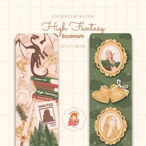 May include: Two rectangular bookmarks featuring fantasy illustrations. The left bookmark displays a dragon, a deer, a sword, pine trees, and books labeled Hidden Heir, High Fantasy, and Found Family. The right bookmark shows two oval portraits and a heart-shaped locket.