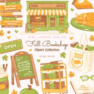 May include: A digital clipart collection featuring a green bookshop storefront, a stack of books, a ginger cat, a tote bag with the text BOOK SHOP, a green open sign, a wooden easel sign with the text probably on my way to a cozy bookshop, and a book cart.