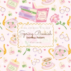 Peut inclure: Un motif sans couture sur fond rose clair, avec des illustrations de livres, tasses à thé, théières, lunettes et fleurs de pivoine. Le texte "Spring Bookish" et "Seamless Pattern" sont affichés. Le motif mesure 30.48 cm x 30.48 cm et 300 DPI.