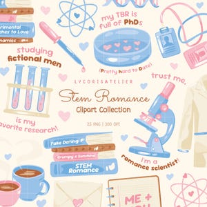Puede incluir: Una colección de imágenes prediseñadas digitales con ilustraciones científicas en tonos pastel que incluyen un microscopio, tubos de ensayo, libros, una placa de Petri y una bata de laboratorio. El texto incluye "Stem Romance", "my TBR is full of PhDs" y "i'm a romance scientist!" entre pequeños corazones.