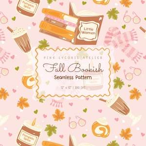 Peut inclure: Un motif sans couture sur fond rose avec des illustrations sur le thème de l'automne. Le motif comprend des livres, des boissons au café, des feuilles d'automne, des lunettes et une écharpe. Le texte "Fall Bookish" et "Pumpkin Spice" est visible. Le motif est de 30,48 cm x 30,48 cm.
