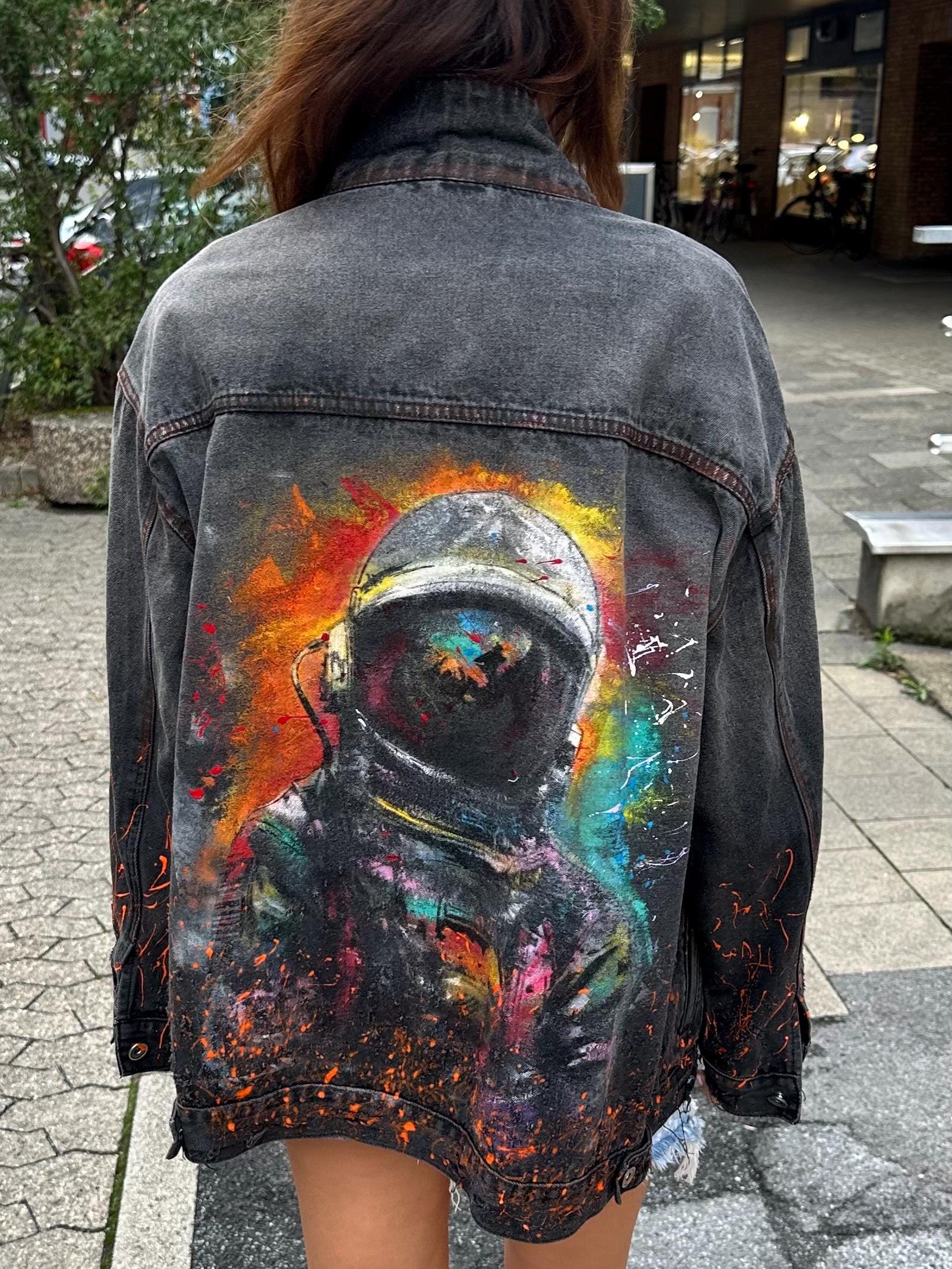 Customized Hand Painted Distressed Oversized Denim Black Jacket