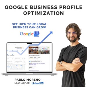 Puede incluir: Una flecha azul apuntando hacia arriba con el texto "Google" y un logotipo de Google My Business. La pantalla de una computadora portátil muestra una lista de Google My Business para un negocio llamado "El Ropero de Sara". El texto "See how your local business can grow" está en la parte superior de la imagen. Un hombre con gafas y barba está de pie frente a la computadora portátil. El texto "Pablo Moreno SEO Expert Linkedin" está en la parte inferior de la imagen.