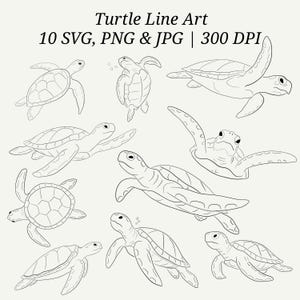 Könnte beinhalten: Eine digitale Sammlung von zehn schwarz-weißen Strichzeichnungen von Schildkröten. Der Text oben lautet Turtle Line Art 10 SVG, PNG & JPG | 300 DPI. Die Bilder zeigen verschiedene Meeresschildkröten in unterschiedlichen Schwimmposen.