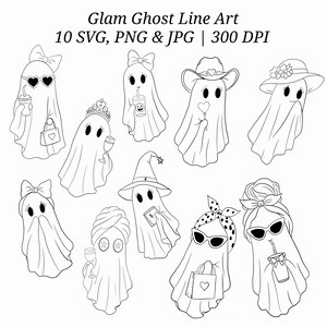 Könnte beinhalten: Eine Sammlung von zehn schwarz-weißen Strichzeichnungen von Geistern mit verschiedenen Accessoires wie Schleifen, Hüten, Sonnenbrillen und Getränken. Der Text oben lautet Glam Ghost Line Art 10 SVG, PNG & JPG | 300 DPI. Jeder Geist hat einen eigenen Stil.