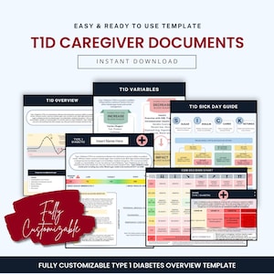 May include: A printable digital download of a Type 1 Diabetes Caregiver Document template. The template includes a sick day guide, a decision chart, and a section for personal information. The template is fully customisable and includes the text "TID Caregiver Documents" and "Fully Customisable Type 1 Diabetes Overview Template".