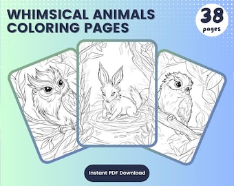 May include: Three coloring pages featuring whimsical animal illustrations. The pages include an owl, a rabbit, and another owl, all in a line art style. The text "WHIMSICAL ANIMALS COLORING PAGES" is at the top, with "38 pages" in a circle. "Instant PDF Download" is at the bottom.