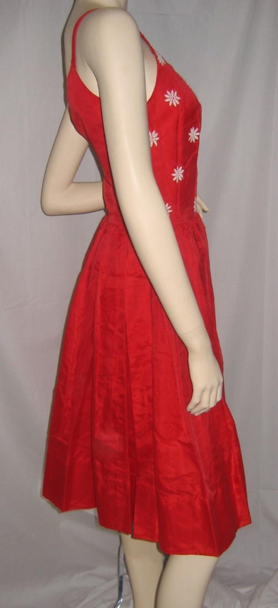 Vintage Red Dress Daisy Appliqued Bodice Gem