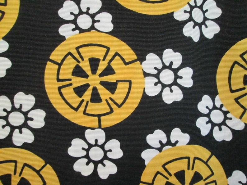 Vintage Black White and Yellow Fabric Cherry Blossoms and Citrus Gears