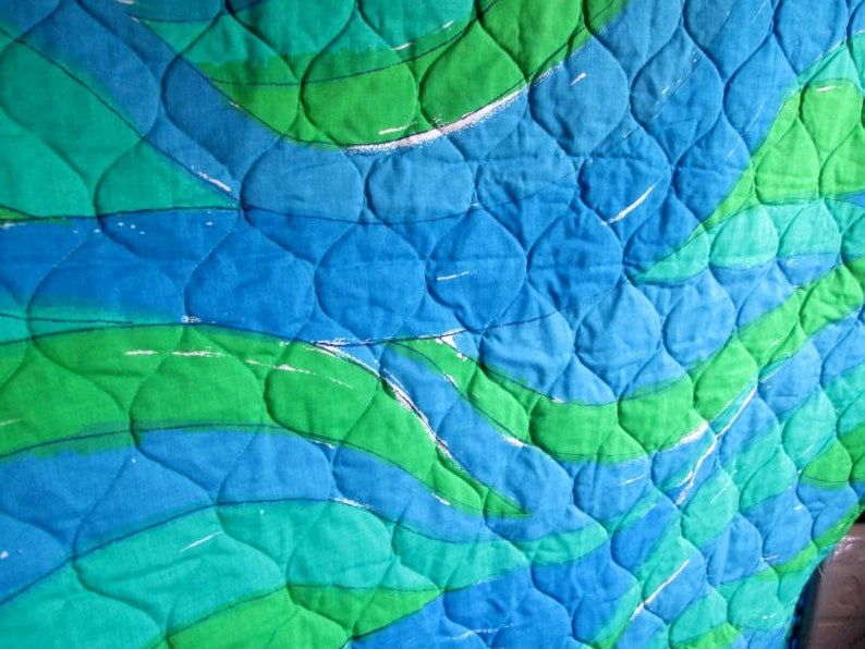 Fab Vintage Vera Full Size Quilted Bedspread Blues and Greens Water Ways Wavy Print