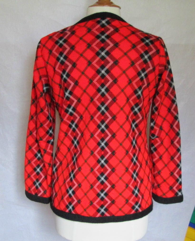 Vicky Vaughn Red and Black Argyle Sweater Cardigan 1971 Vicky Vaughn Red and Black Argyle Sweater Cardigan 1971