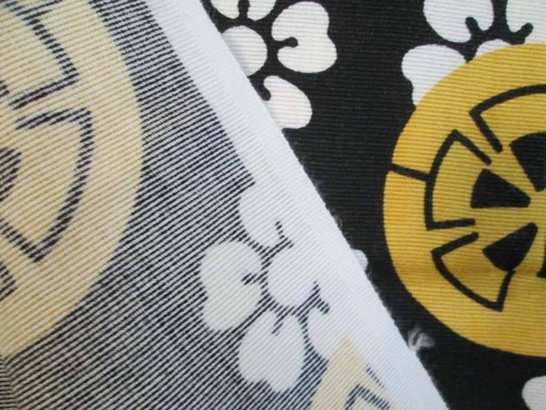 Vintage Black White and Yellow Fabric Cherry Blossoms and Citrus Gears